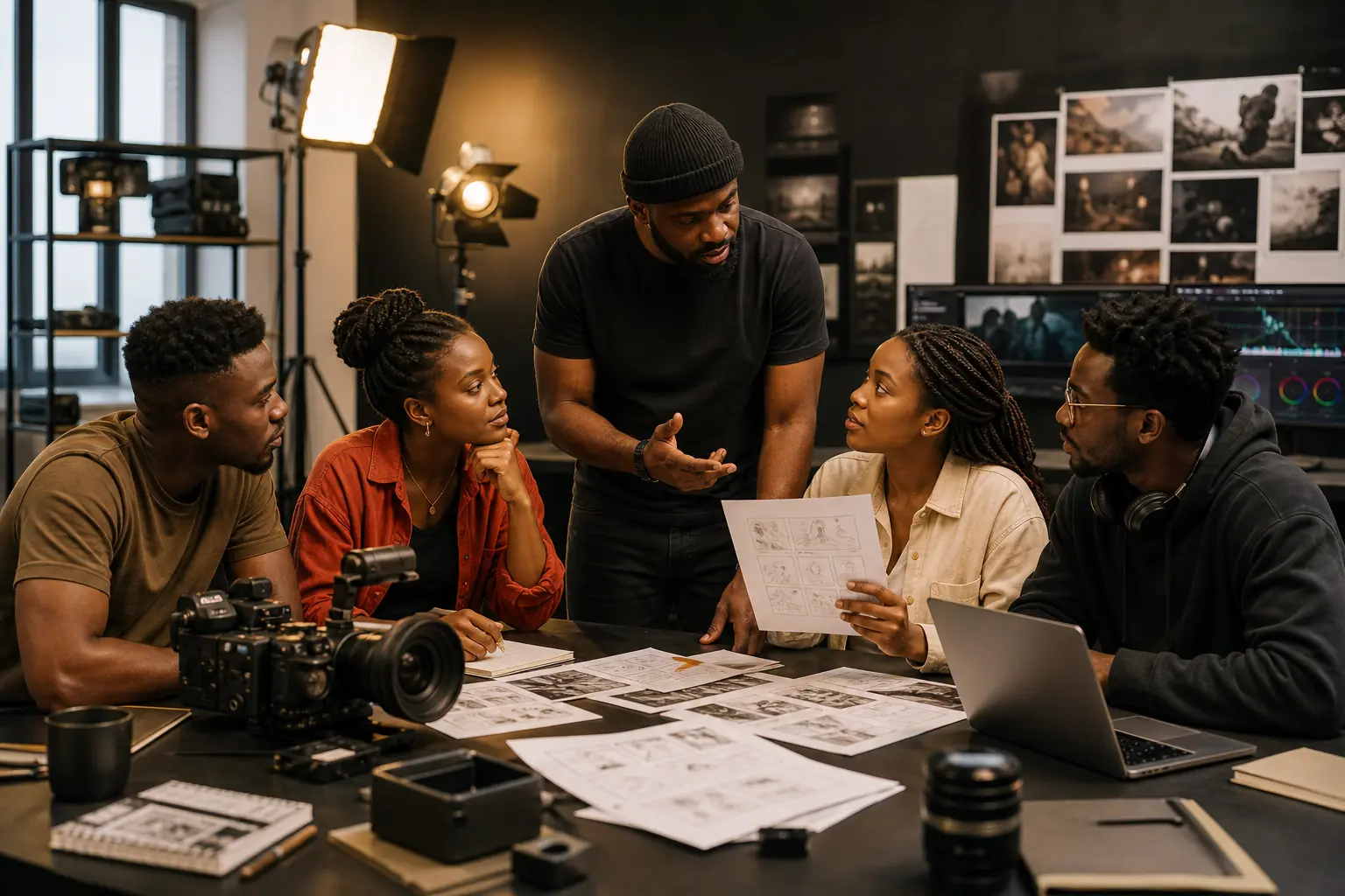 Filmmaking team reviewing storyboards and production plans